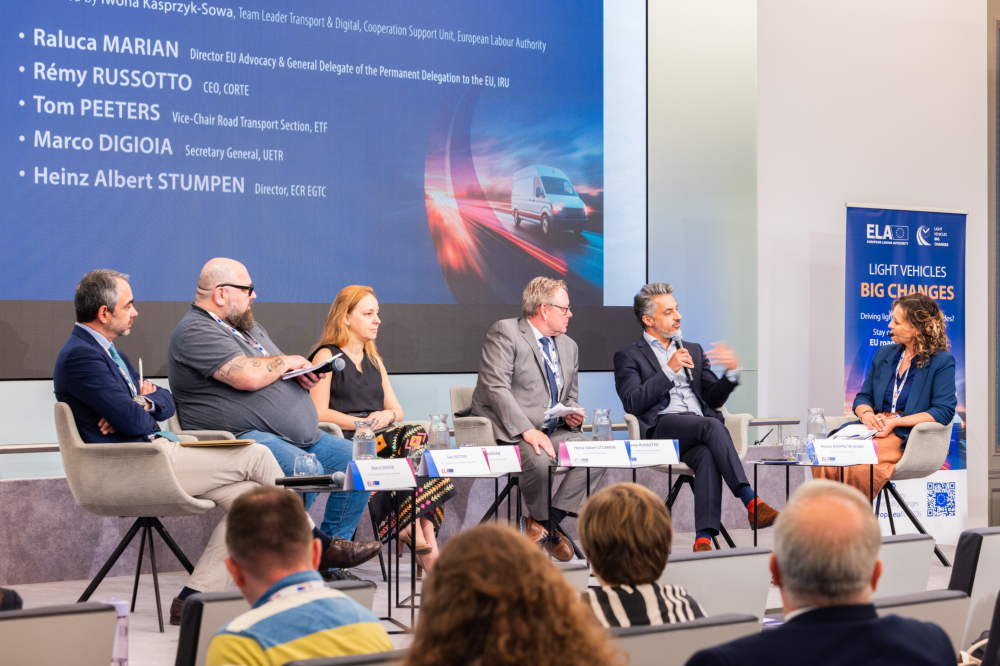 ECR EGTC Director Heinz Albert Stumpen participating in a panel discussion on light commercial vehicle rules and road transport enforcement in Brussels.